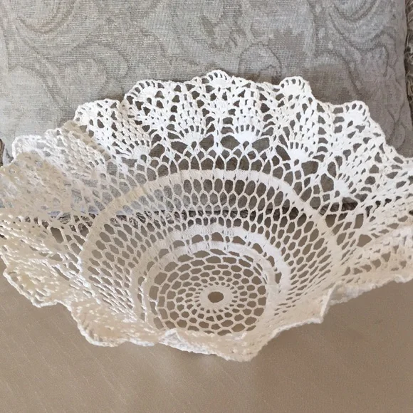 Vintage Wedding Basket Bowl Lampshade Handmade White Crochet Cotton